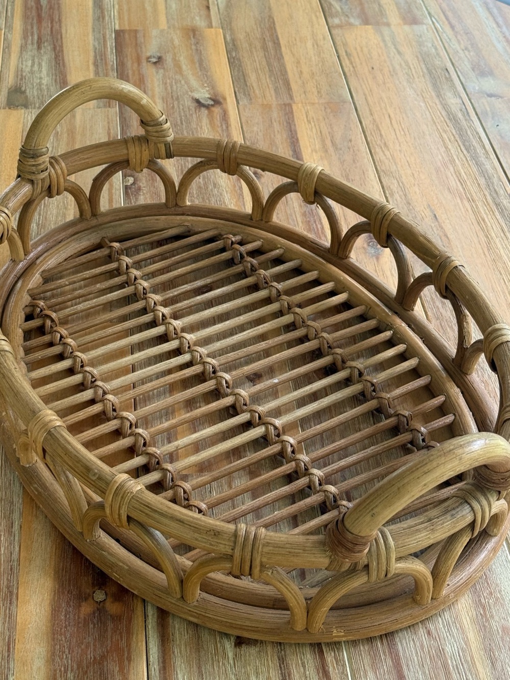 Vintage Woven Rattan Bamboo Serving Basket Tray - Natural Brown 16”